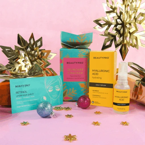 BeautyPro Skincare Cracker: Hyaluronic Acid Face Serum + Retinol Under Eye Mask Christmas Gift Set
