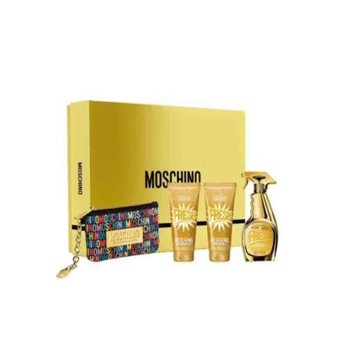 Moschino Gold Fresh Couture Eau De Parfum Women's Perfume Gift Set Spray (100ml) With Bath & Shower Gel, Body Lotion & Rainbow Purse