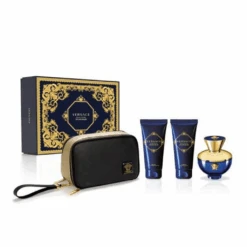 Versace Dylan Blue Femme Eau De Parfum Perfume Gift Set Spray (100ml) With Shower Gel, Body Lotion + Pouch